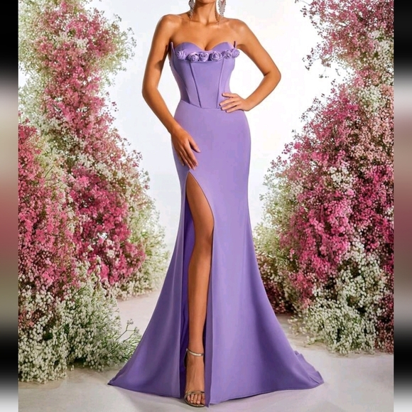 Elegant Lavender Strapless Gown With Novelty 3D Floral Decor On Neckline Dress - Picture 1 of 5